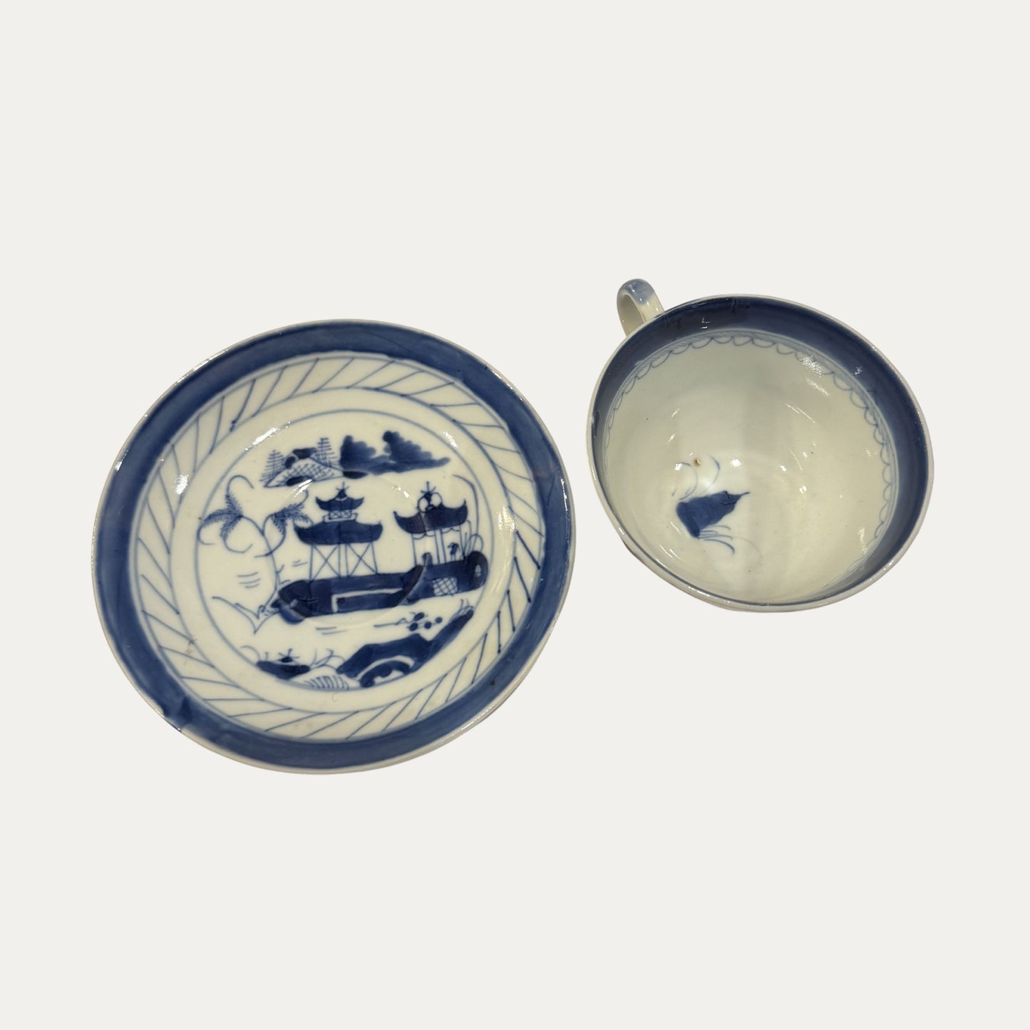 Antique Canton 19th Century Blue/White Pagoda & Landscape Cup and Saucer