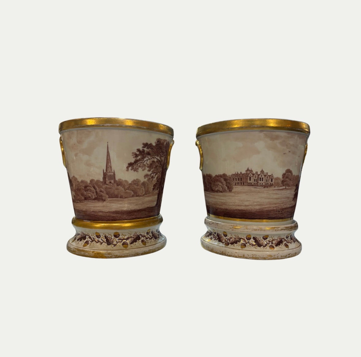 A Pair Of 19th Century French Cachepots With English Country Scenes