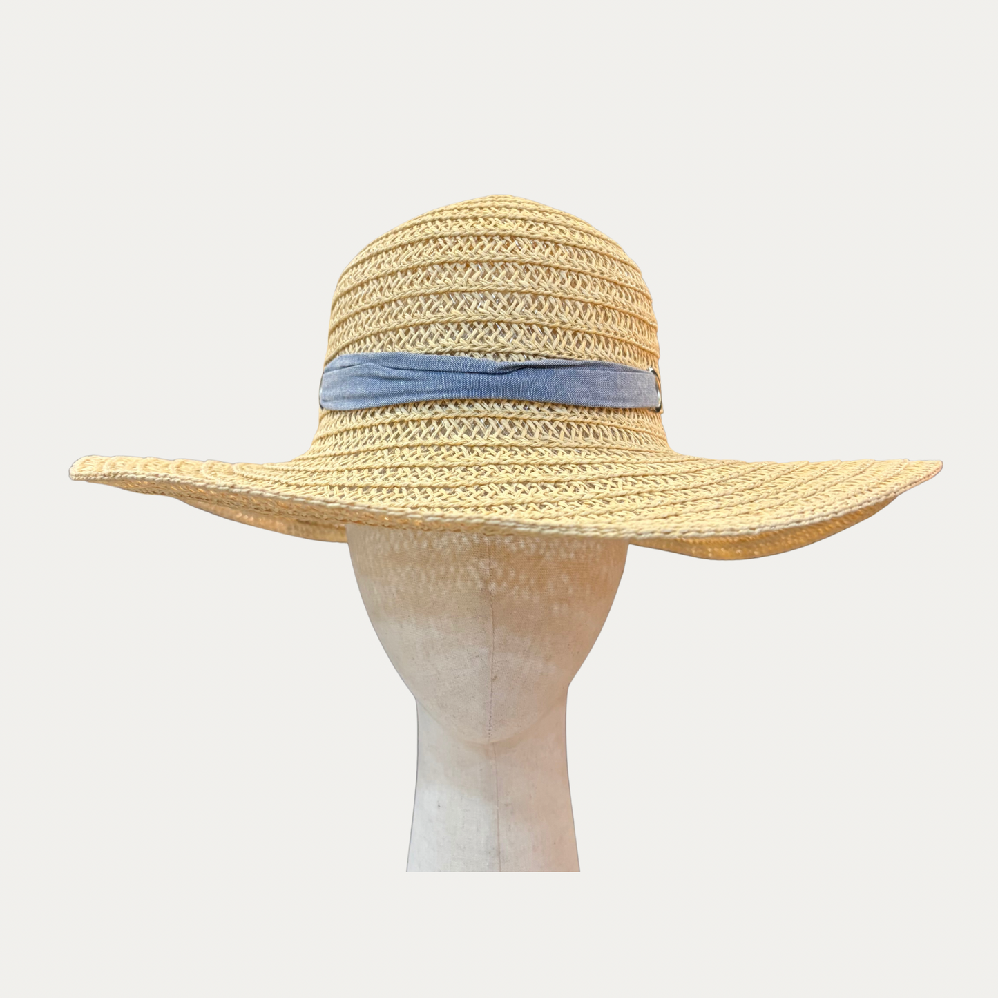 Rafia Hat With Blue Linen Adjustable Ribbon