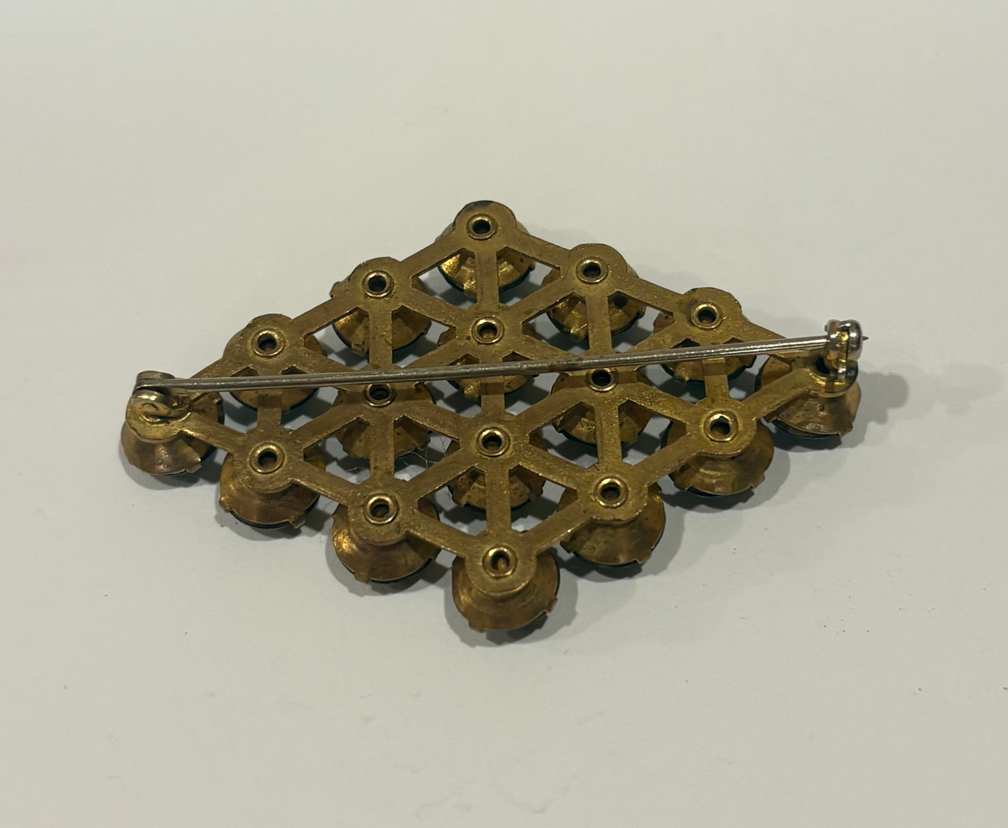Vintage Mid Century Green Rhinestone & Brass Brooch