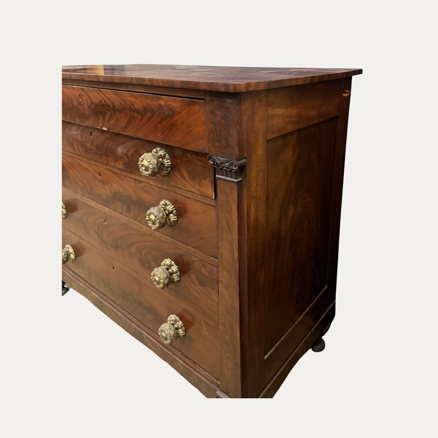 Early American Mahogany 19th Century Empire Chest with Very Ornate Decorative Knobs