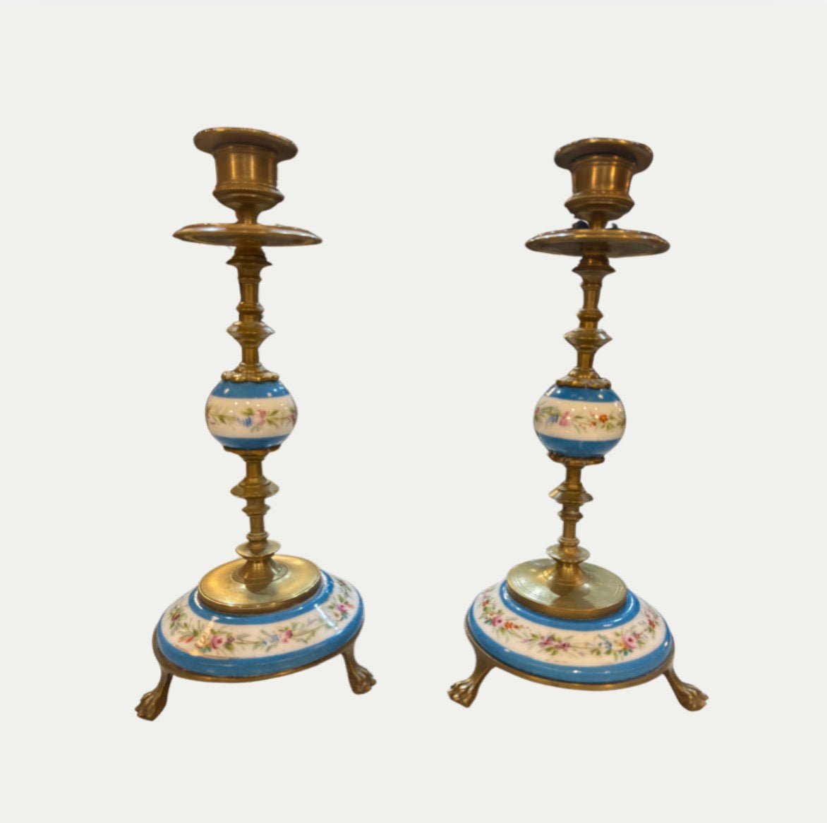 A Pair Of 19th Century Hand Painted Floral Candlesticks In Sevres Style
