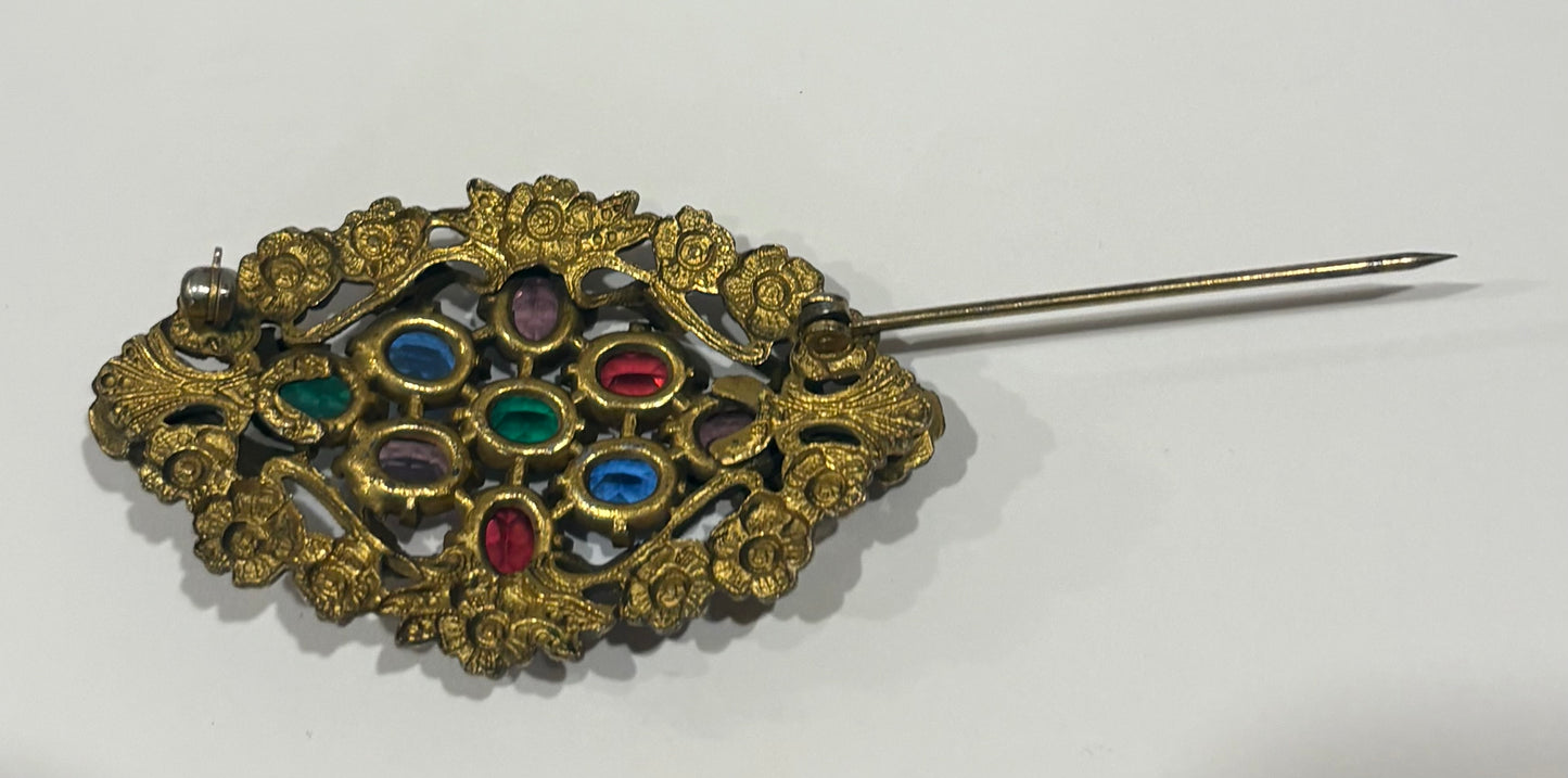 Antique 1920s Rainbow Glass Flower Edged Diamond Brooch