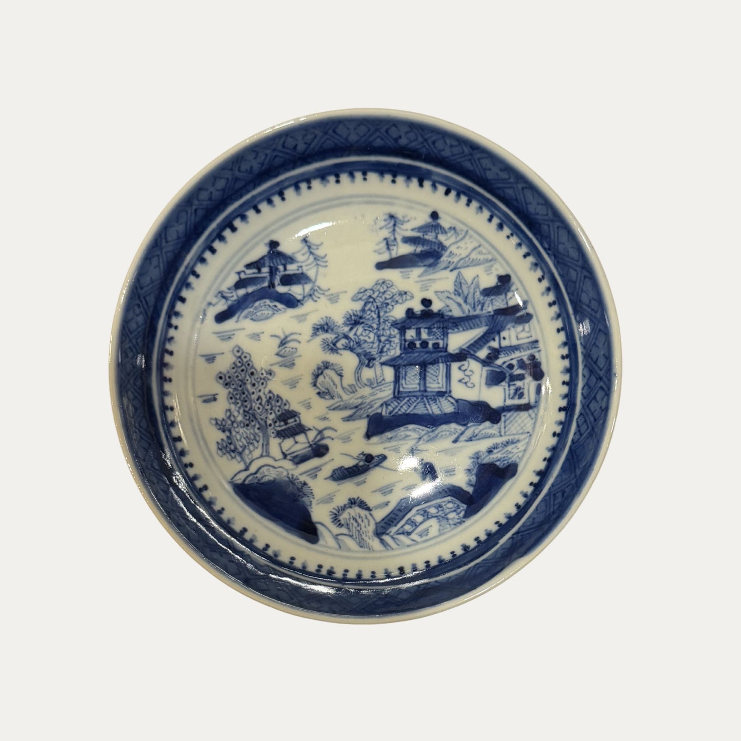 Antique Canton 19th Century Blue/White Pagoda & Landscape Saucer/Plate