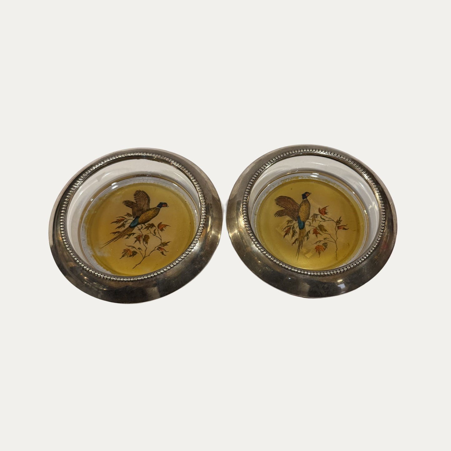Antique Sterling Silver Frank M Whiting Pair (2) Pheasant Coasters