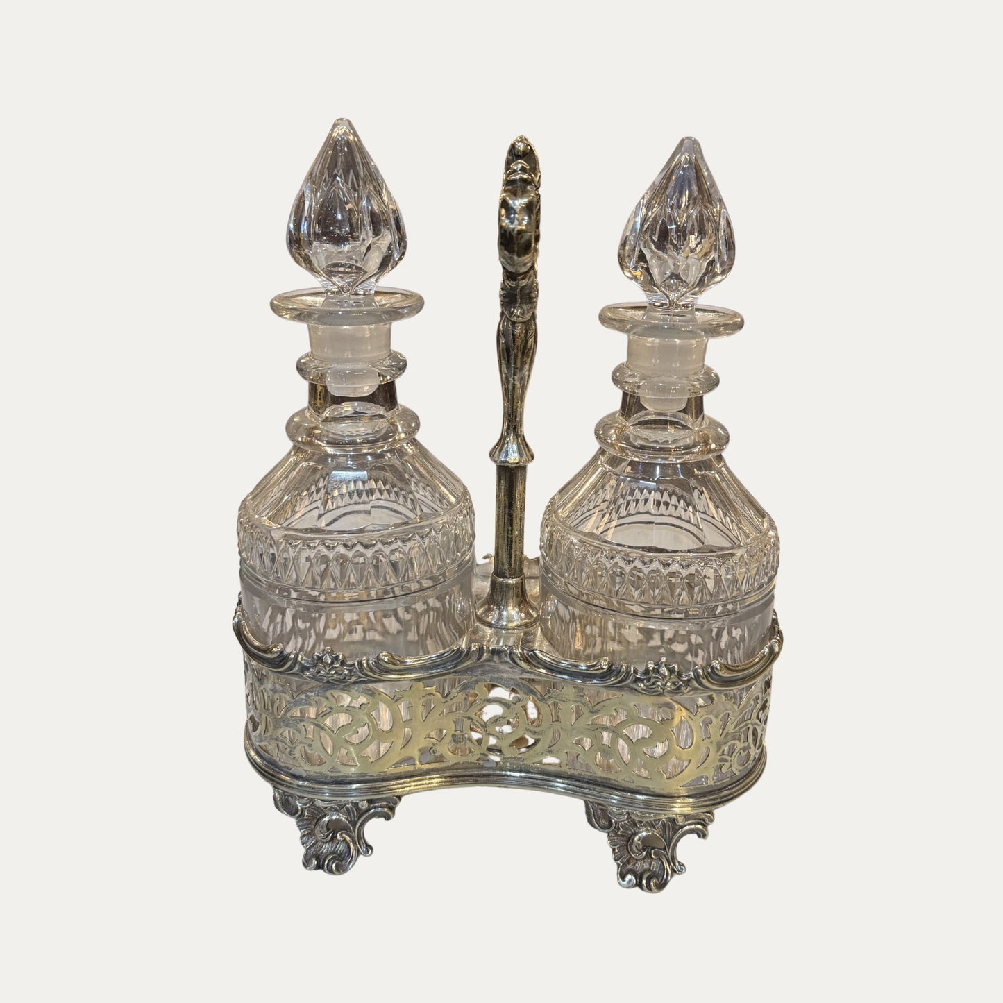 Antique Cut Glass Pair (2) Liquor Decanters with Silver Holder