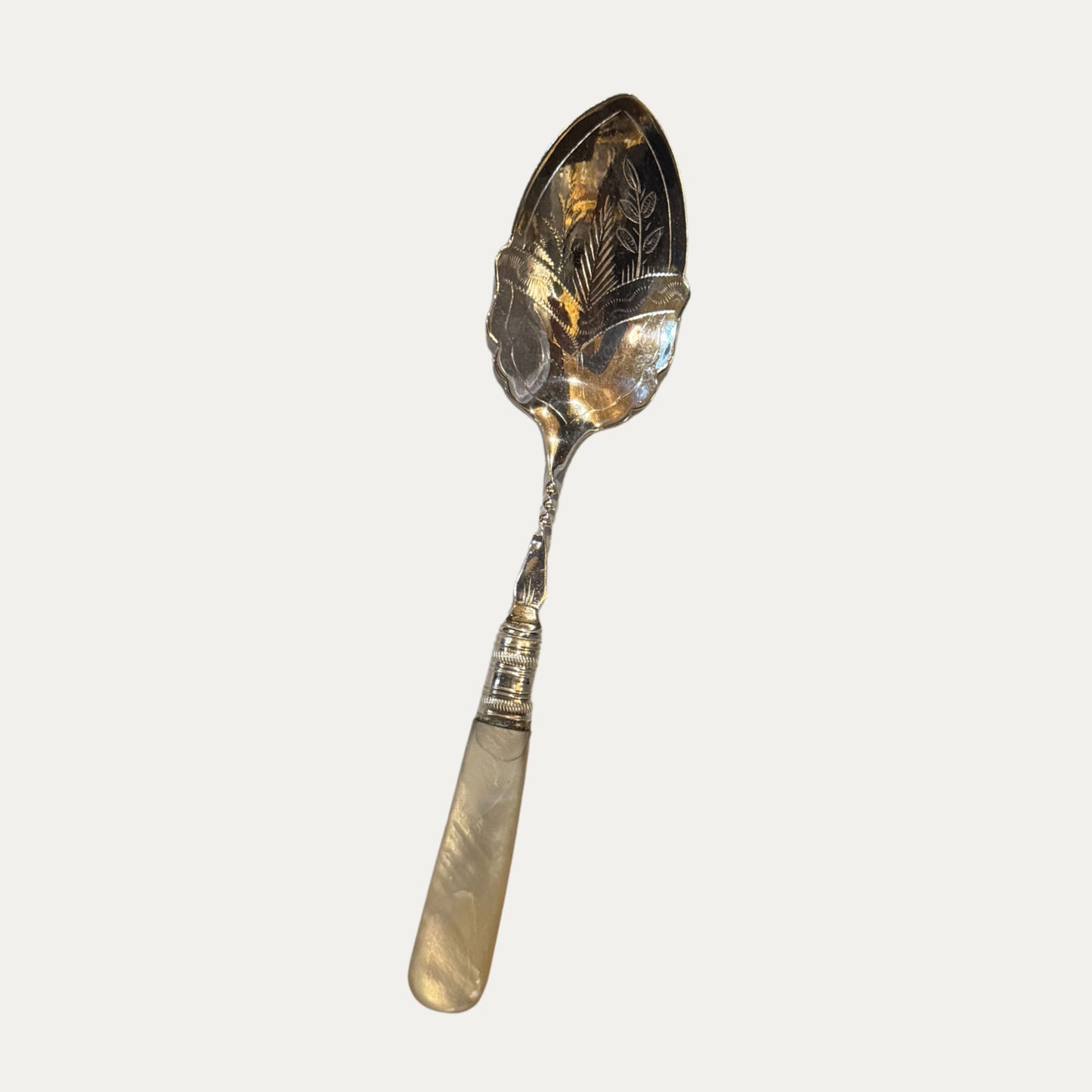 Antique English Engraved Silver & Mother of Pearl Serving Spoon