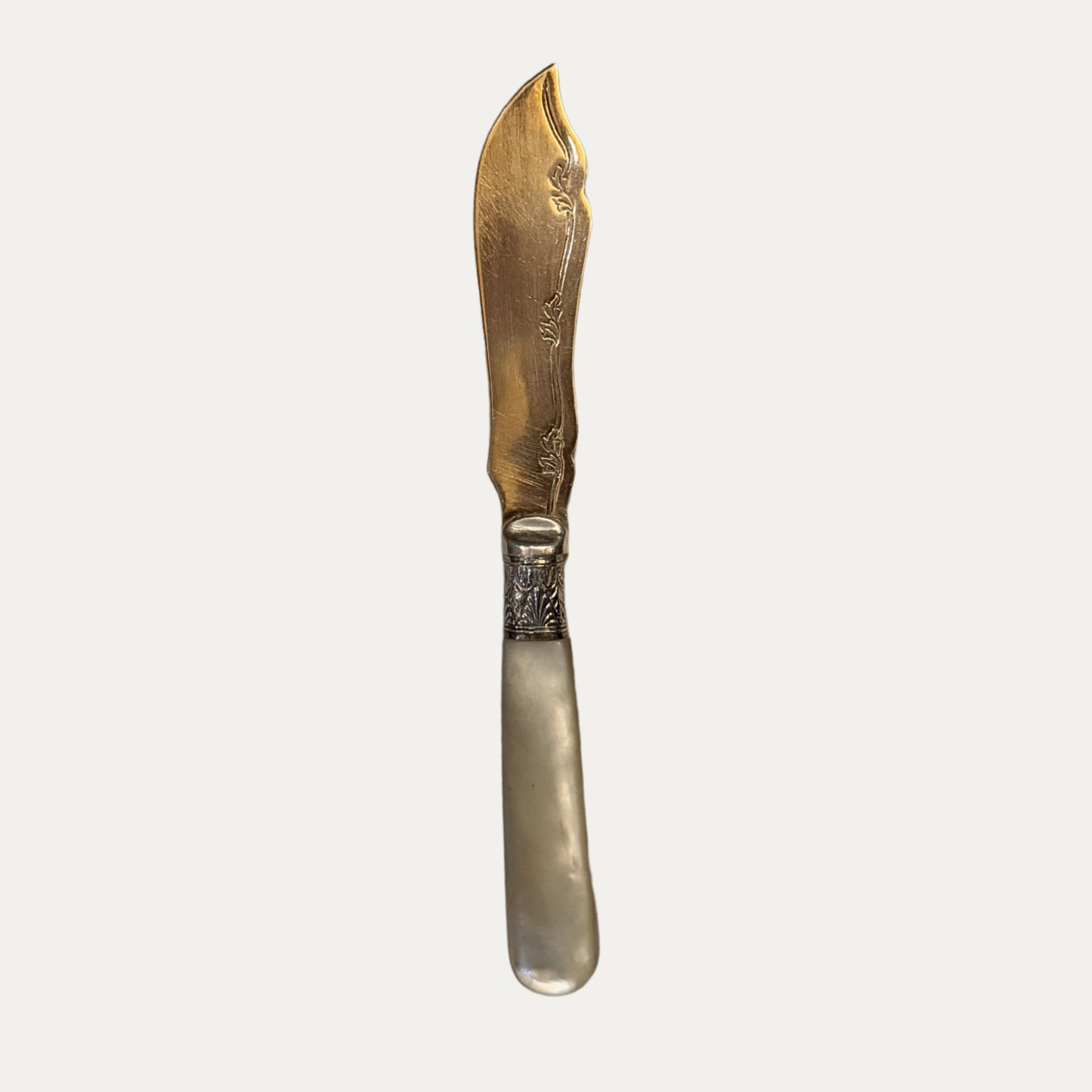 Antique English Engraved Silver and Mother of Pearl Spreader