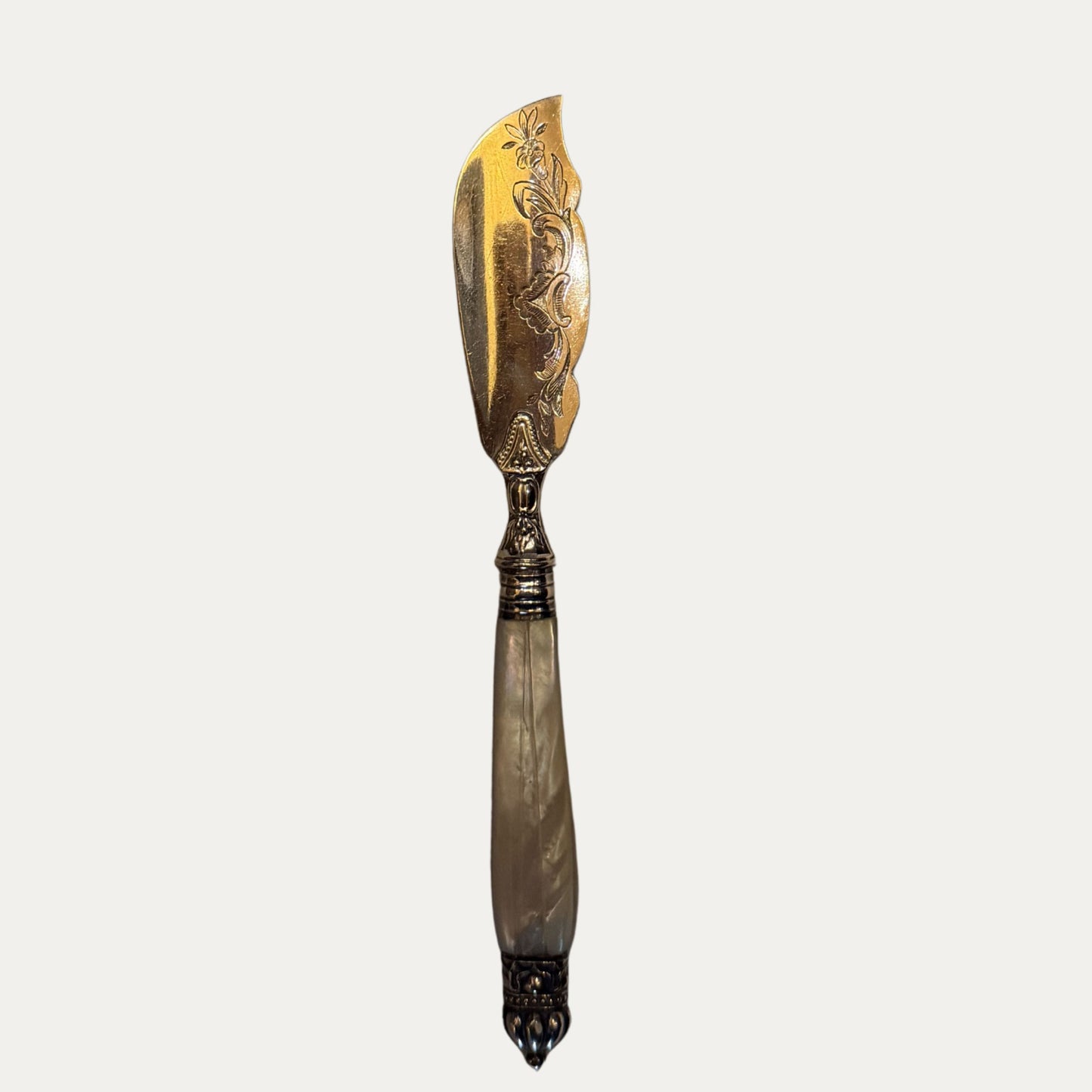 Antique English Engraved Silver and Mother of Pearl Butter Knife