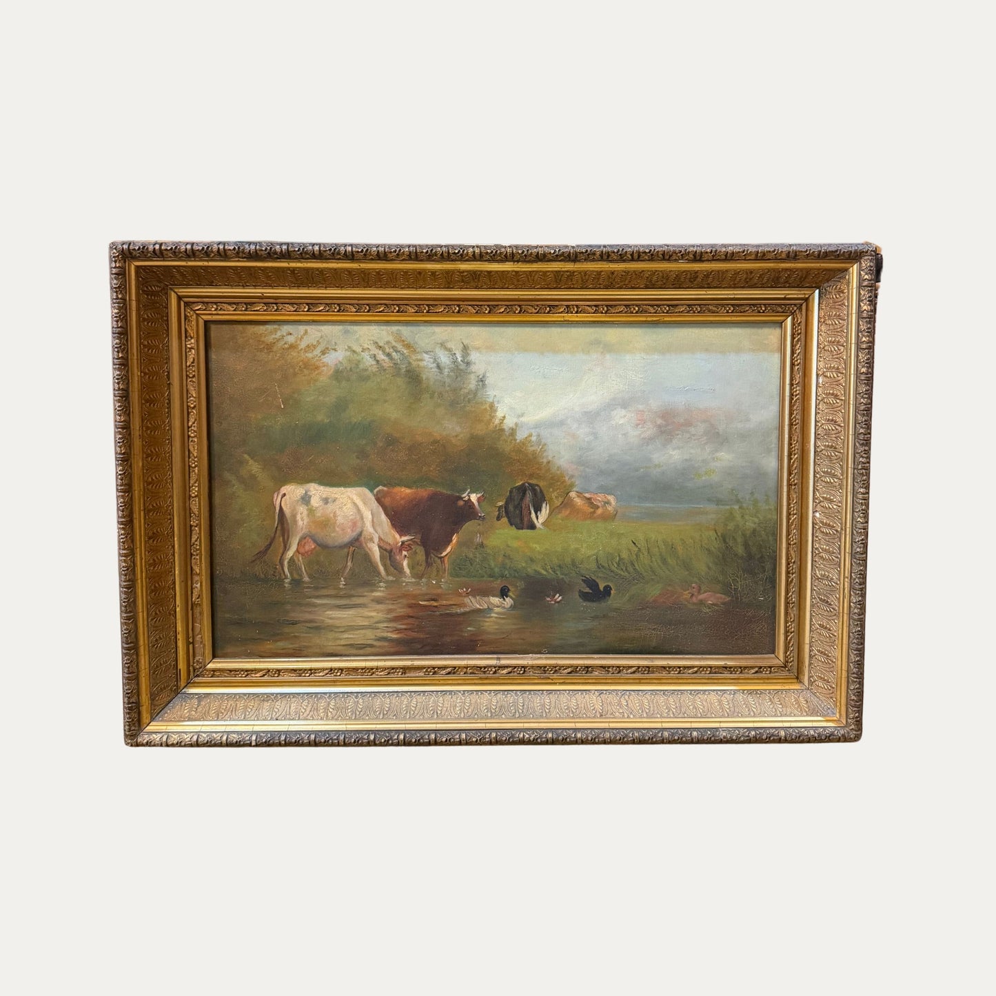Late 18th Century Painting of Cows and Landscape Oil on Canvas Original Gilt Frame