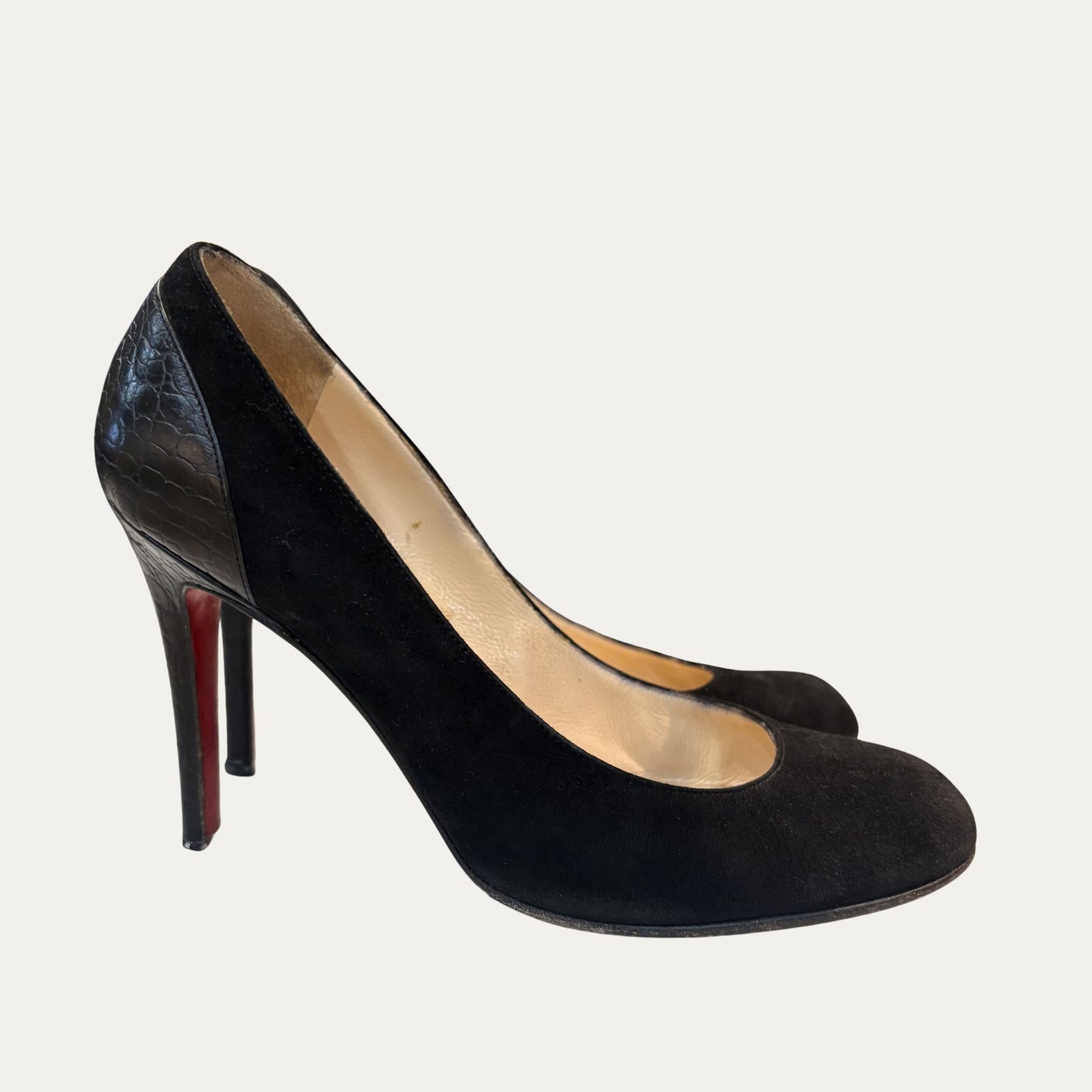 Christian Louboutin Suede Pumps With Leather Embossed Back