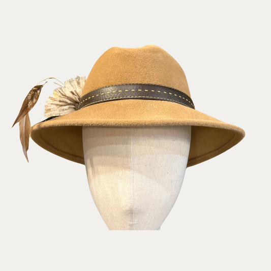Vintage Caramel Felt Hat With Pheasant Feathers