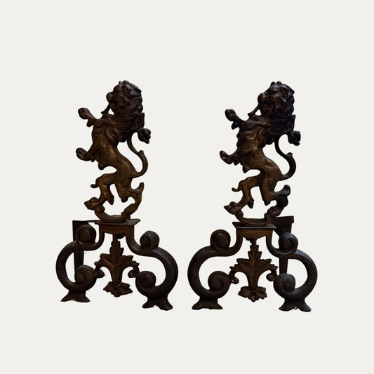 Antique Early Pair (2) Lion Andirons