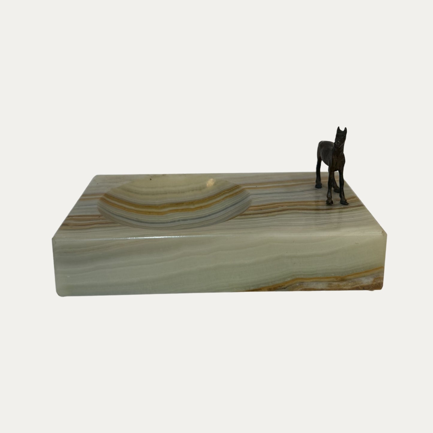 Vintage Onyx Catchall Dish with Bronze Horse