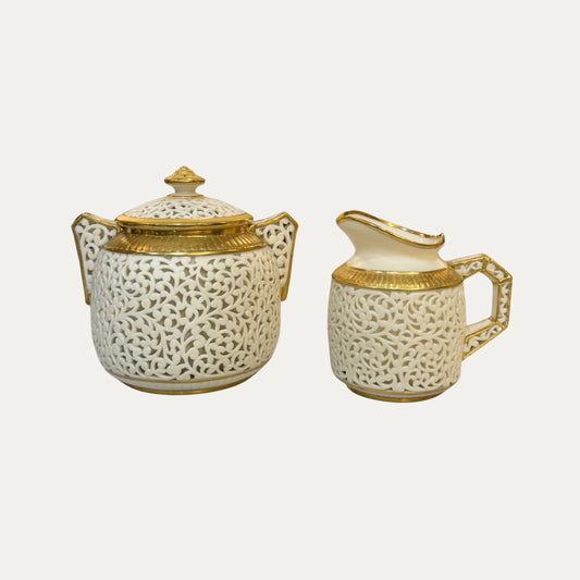 Antique 1880-90's Worcester Rare Museum Quality Reticulated Creamer and Sugar Pot Set