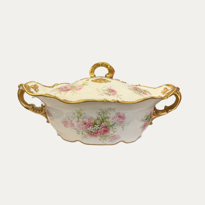 Antique Gilt Floral Limoges Casserole with Lid Hand Painted