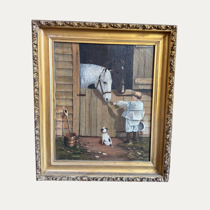 Antique 1880's Painting of Boy and His Horse with Original Frame