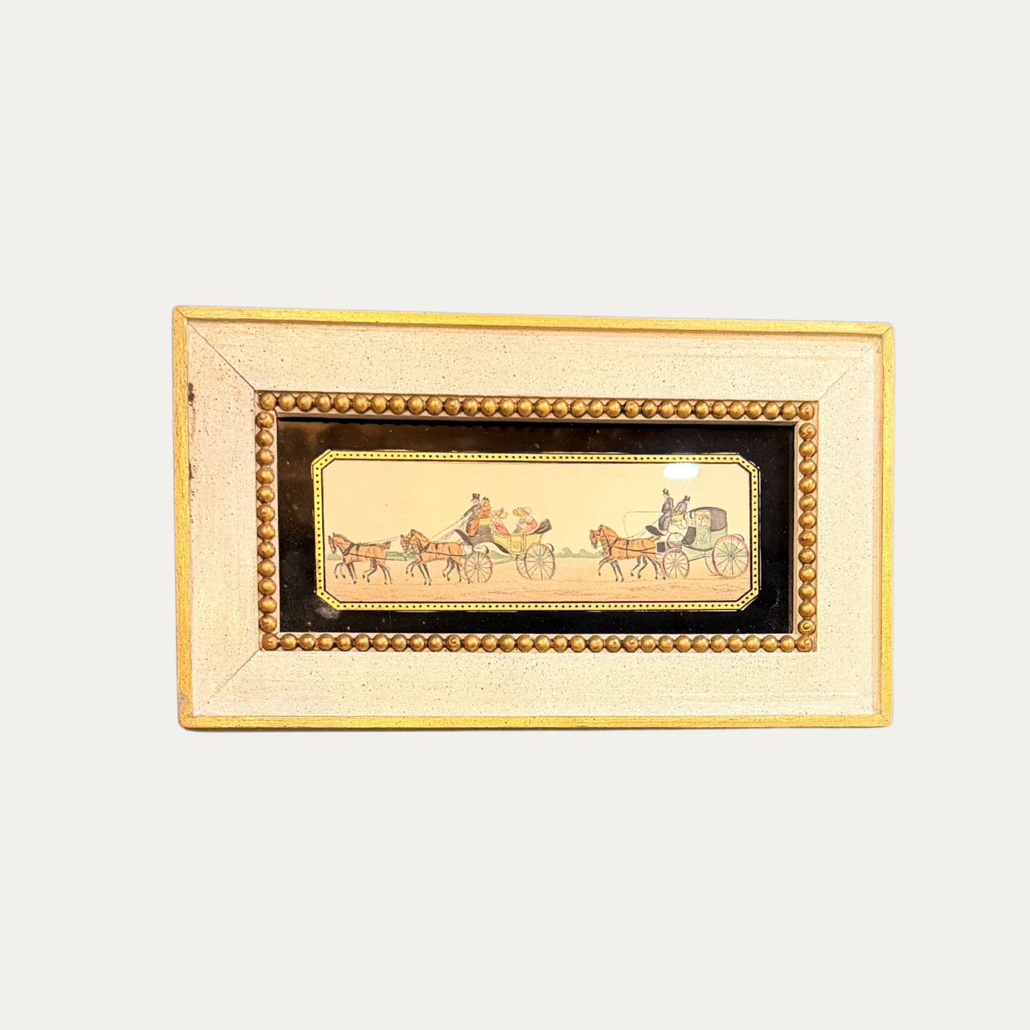 Antique Set of Four (4) Reverse Glass Pen and Ink Framed Coaching Scenes