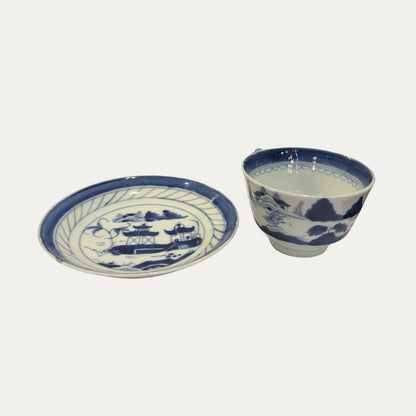 Antique Canton 19th Century Blue/White Pagoda & Landscape Cup and Saucer