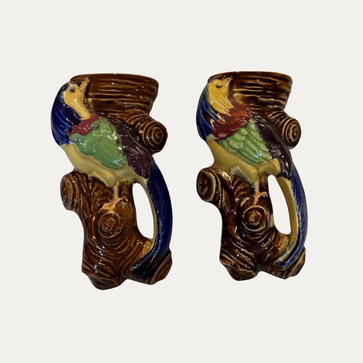 Vintage 1940s Japanese Majolica Wall Pocket Vases Pair (2)