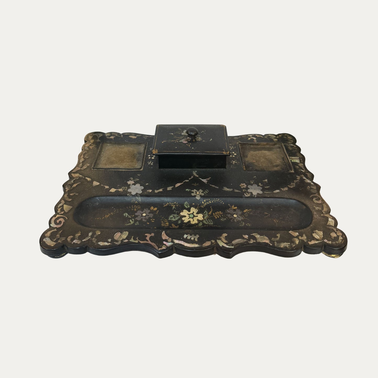 19th Century Mother of Pearl Papier Mache Inkwell Hand Painted Floral