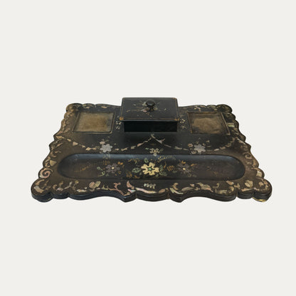 19th Century Mother of Pearl Papier Mache Inkwell Hand Painted Floral