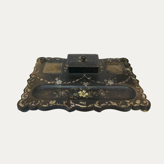 19th Century Mother of Pearl Papier Mache Inkwell Hand Painted Floral