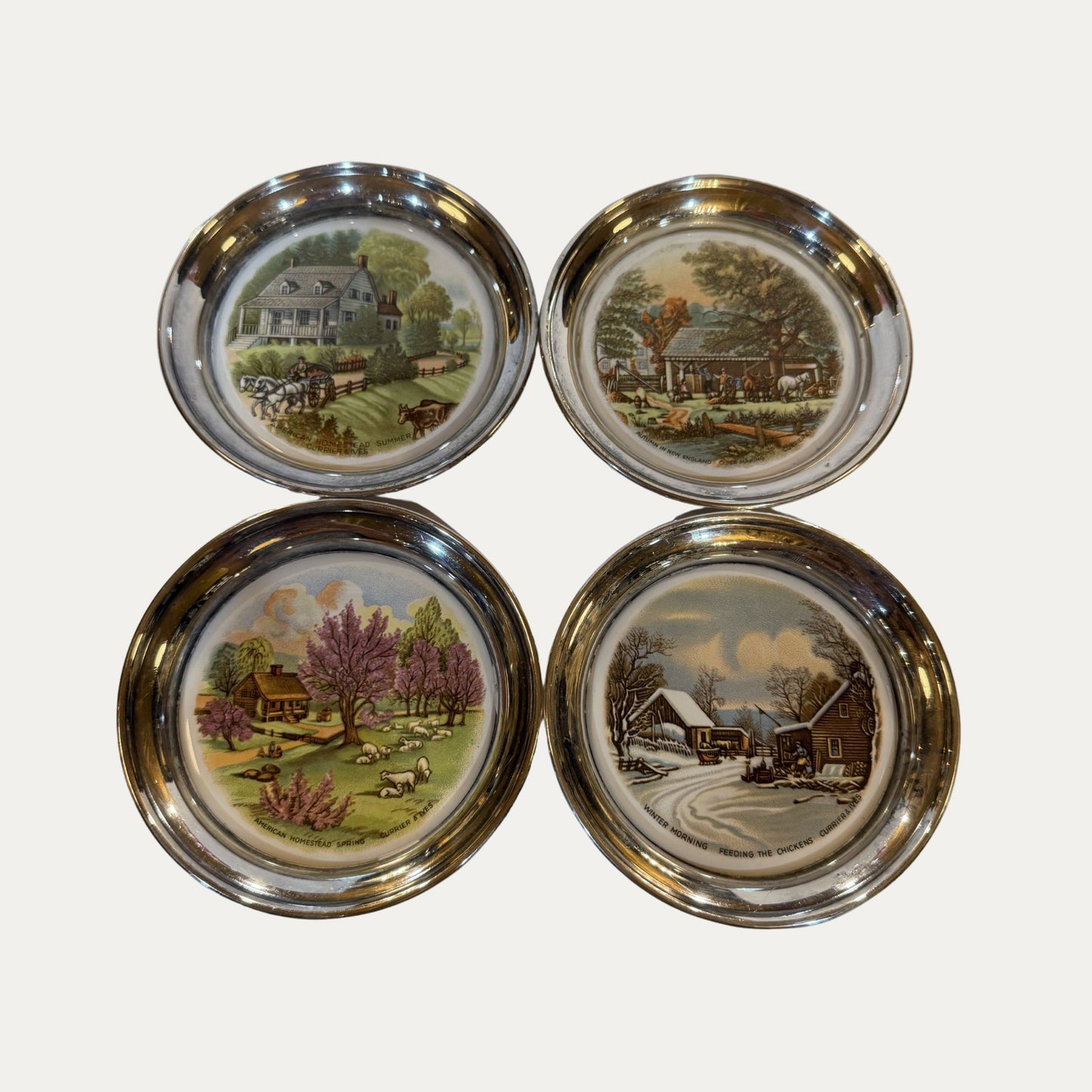 Colonial Couple Royal Family Sterling and Porcelain Set of Four (4) Currier and Ives Seasonal Coasters