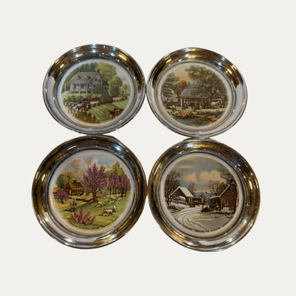 Colonial Couple Royal Family Sterling and Porcelain Set of Four (4) Currier and Ives Seasonal Coasters