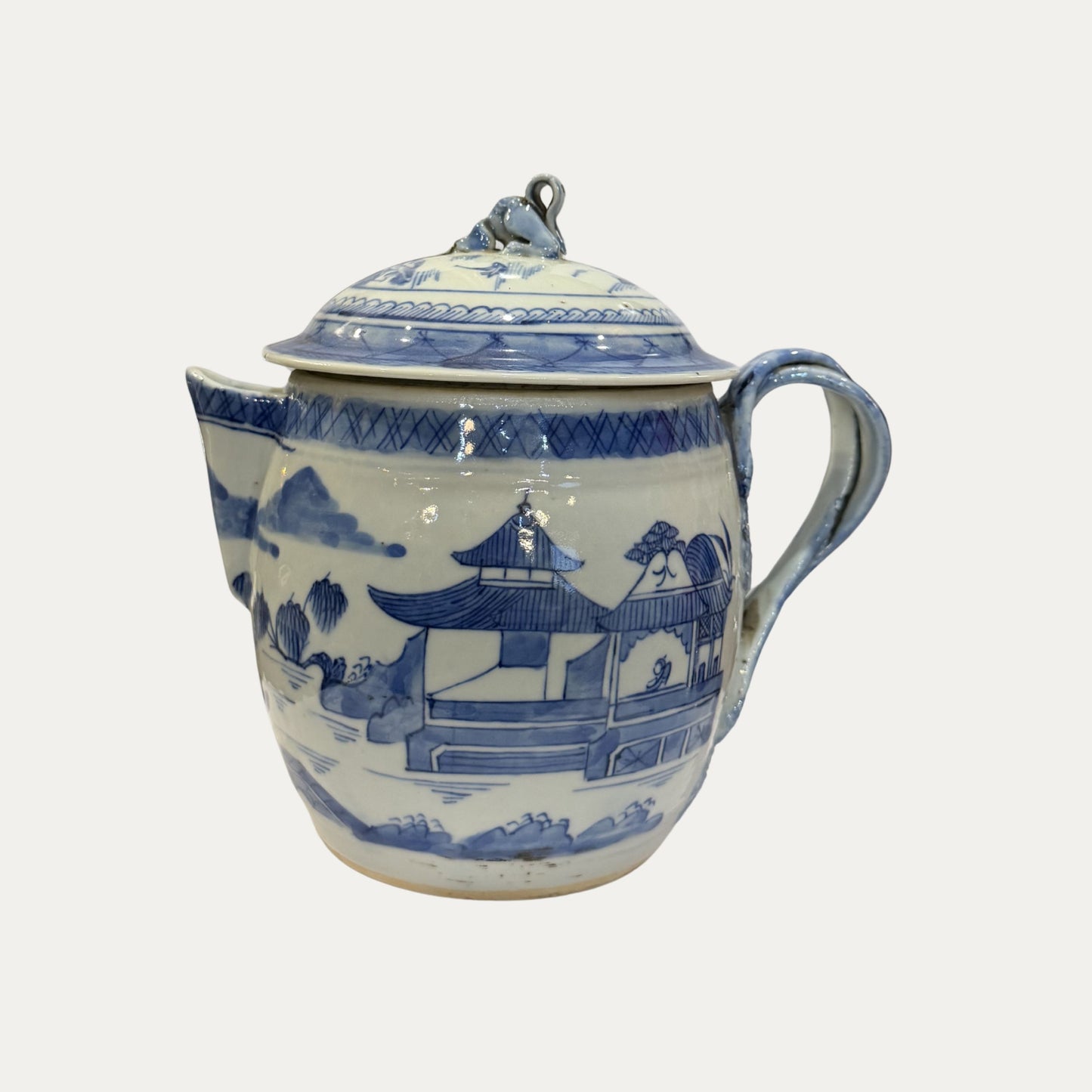 Antique Canton 19th Century Blue/White Pagoda & Landscape Pitcher/Vase with Lid