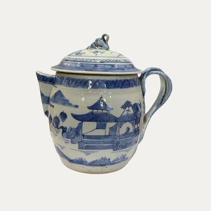 Antique Canton 19th Century Blue/White Pagoda & Landscape Pitcher/Vase with Lid