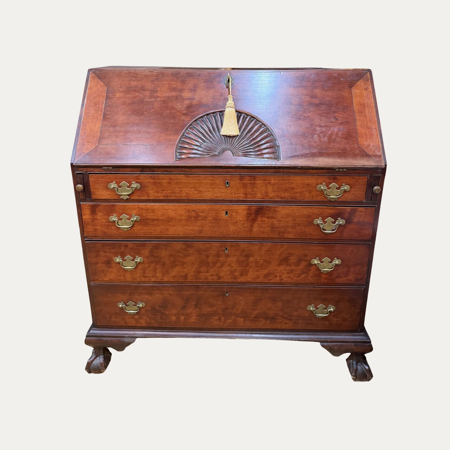 Early 19th Century 1810 Chippendale Style Slant Top Desk Carved Fan and Ball and Claw Feet