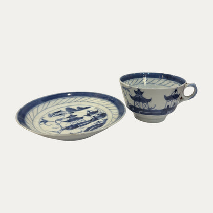 Antique Canton 19th Century Blue/White Pagoda & Landscape Cup and Saucer