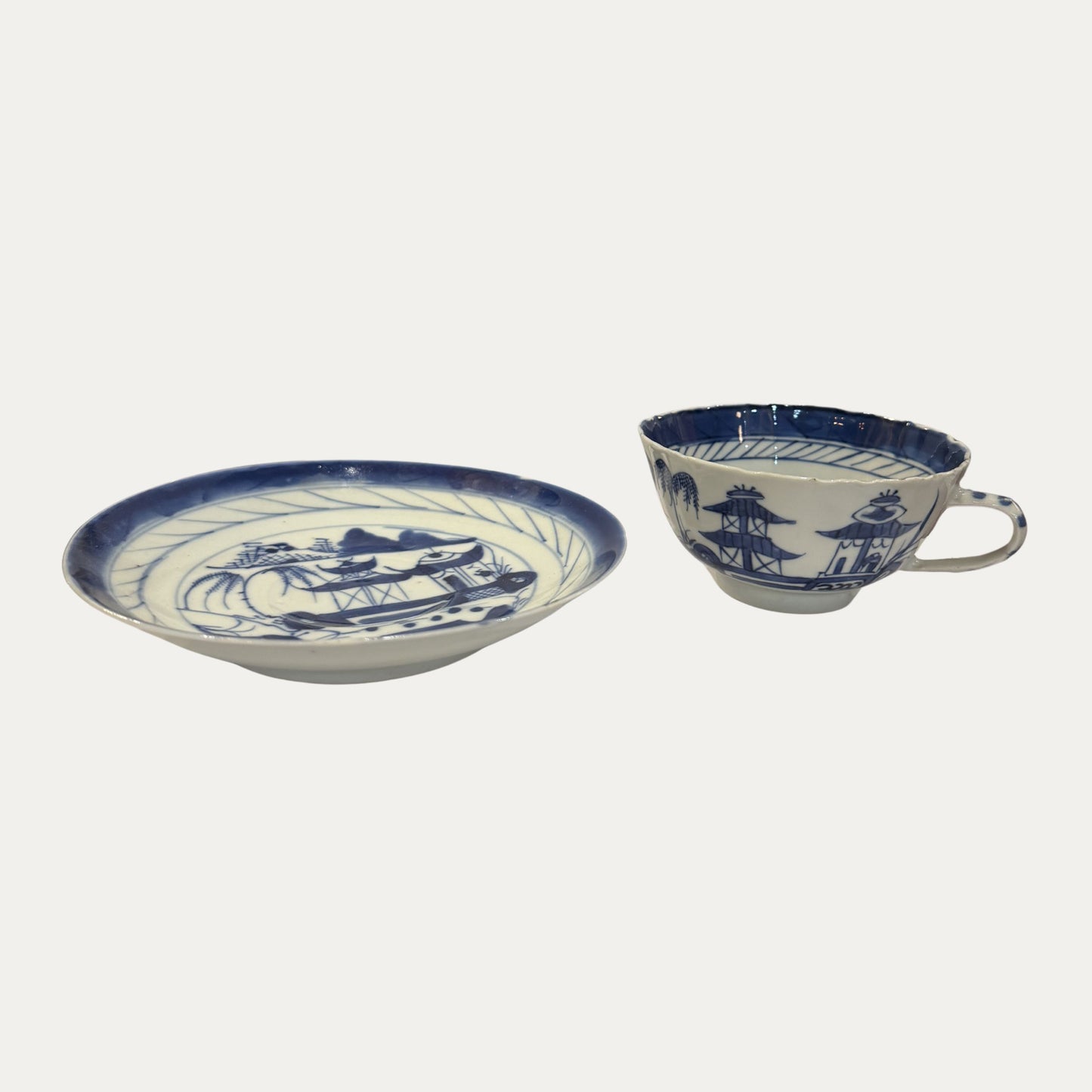 Antique Canton 19th Century Blue/White Pagoda & Landscape Cup and Saucer