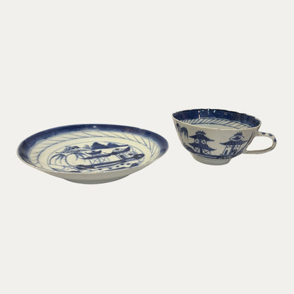 Antique Canton 19th Century Blue/White Pagoda & Landscape Cup and Saucer