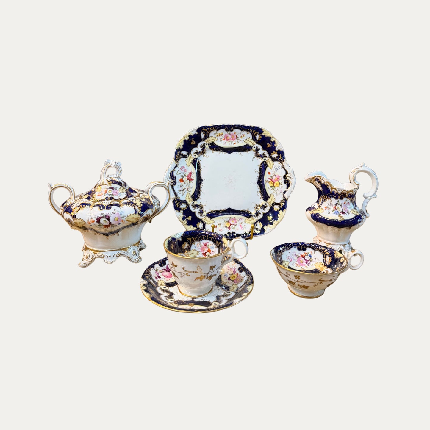 Antique 1840's Partial Tea Service Entirely Decorated with Hand Painted Enamels and Gilding