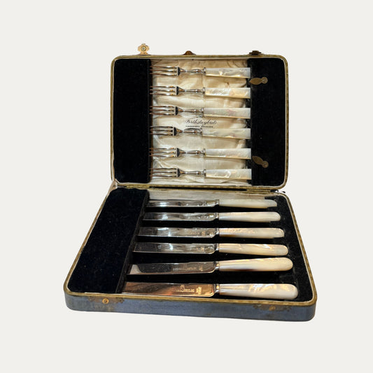 Antique 1880's Mother of Pearl and Silver R. Groves and Sons Sheffield England Fruit and Cheese Knives/Forks Set of Six (6)
