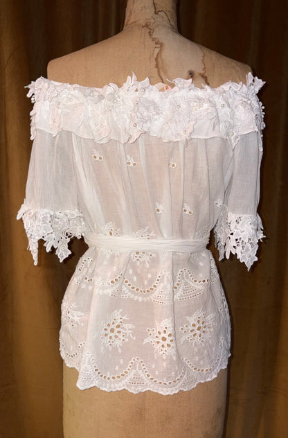 White Floral Linen Blouse With Pearls (Size M)