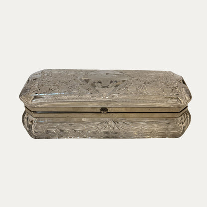 Antique Crystal Etched Large Dresser Box with Sterling Silver
