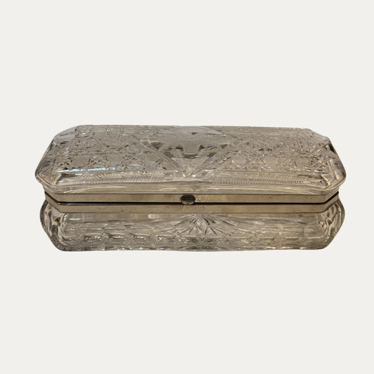 Antique Crystal Etched Large Dresser Box with Sterling Silver