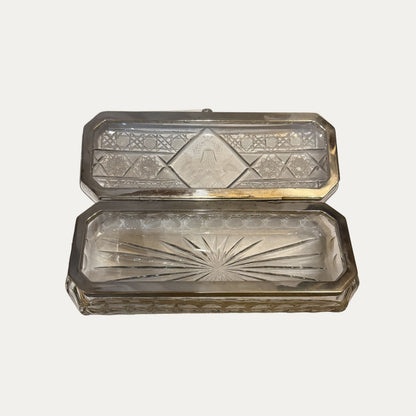 Antique Crystal Etched Large Dresser Box with Sterling Silver