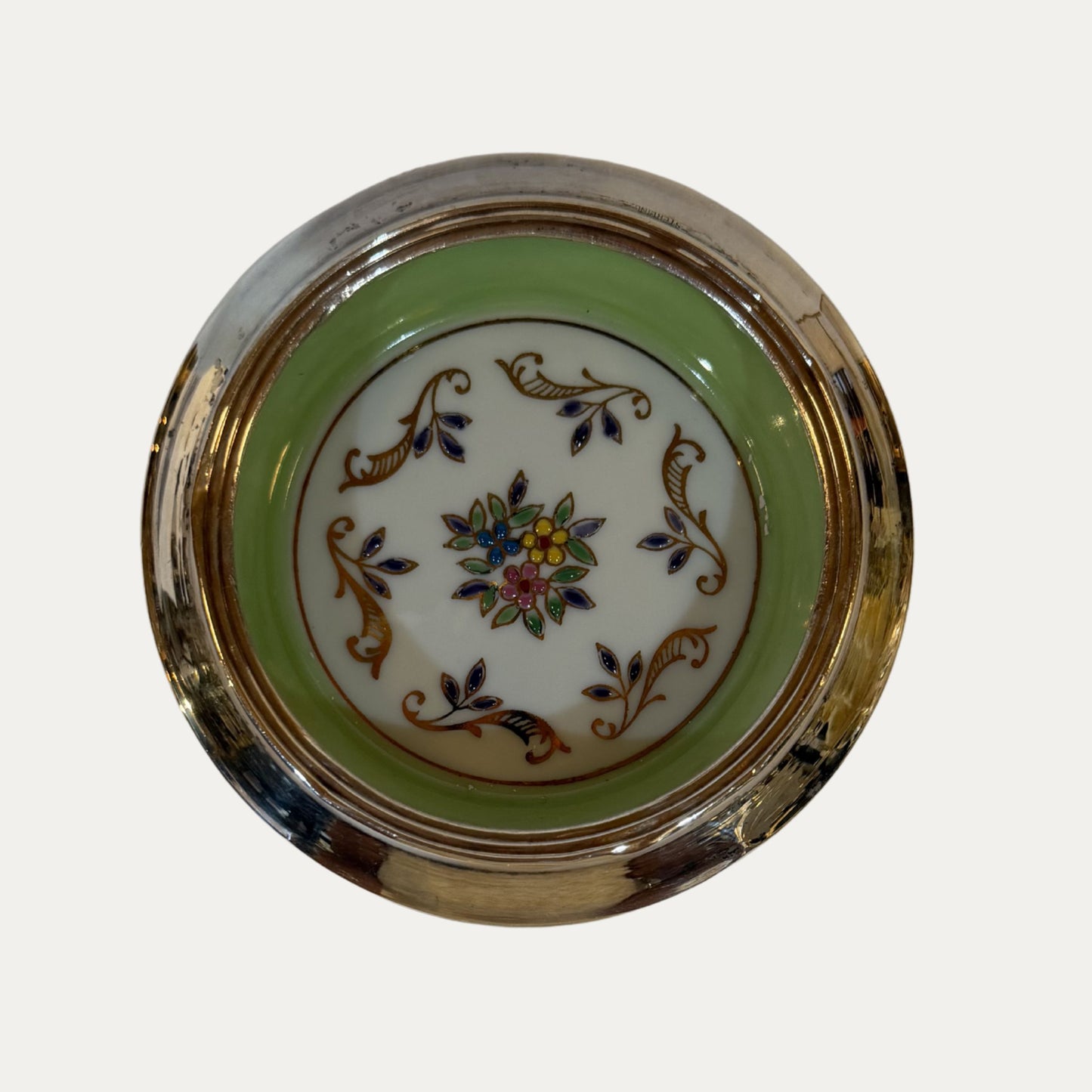 Vintage Porcelain and Sterling Hand Painted Coaster (green)