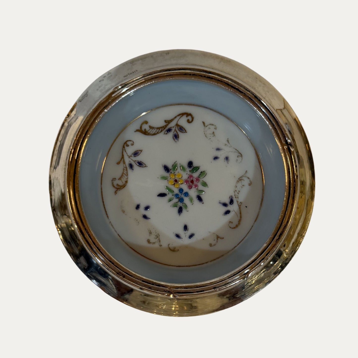 Vintage Porcelain and Sterling Hand Painted Coaster (blue)