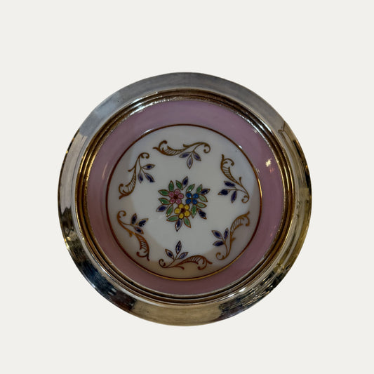 Vintage Porcelain and Sterling Hand Painted Coaster (pink)