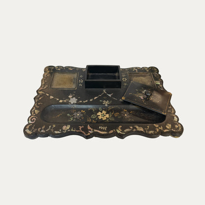 19th Century Mother of Pearl Papier Mache Inkwell Hand Painted Floral