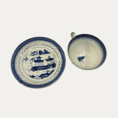 Antique Canton 19th Century Blue/White Pagoda & Landscape Cup and Saucer