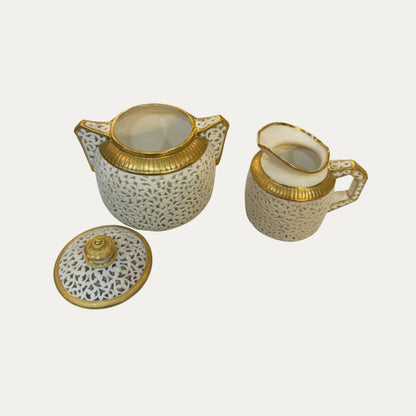 Antique 1880-90's Worcester Rare Museum Quality Reticulated Creamer and Sugar Pot Set