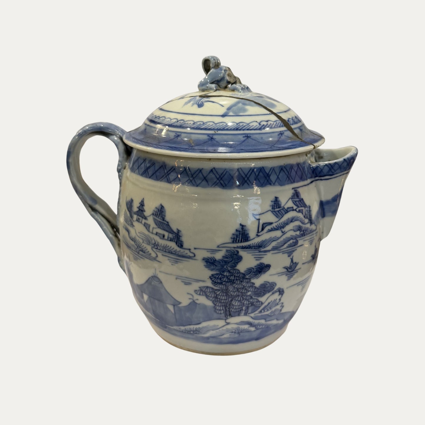 Antique Canton 19th Century Blue/White Pagoda & Landscape Pitcher/Vase with Lid
