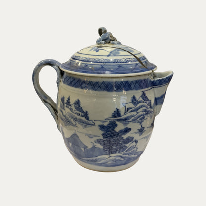 Antique Canton 19th Century Blue/White Pagoda & Landscape Pitcher/Vase with Lid