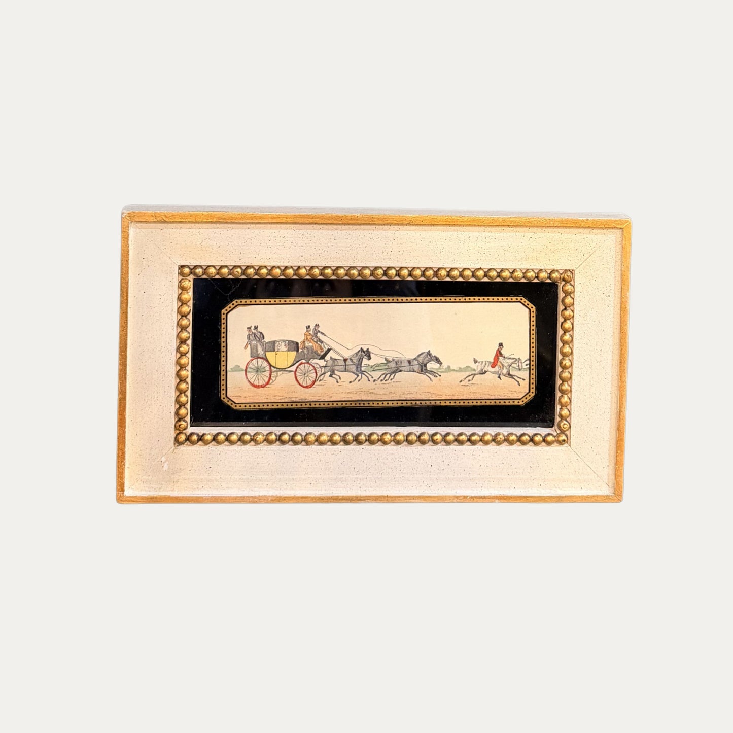 Antique Set of Four (4) Reverse Glass Pen and Ink Framed Coaching Scenes